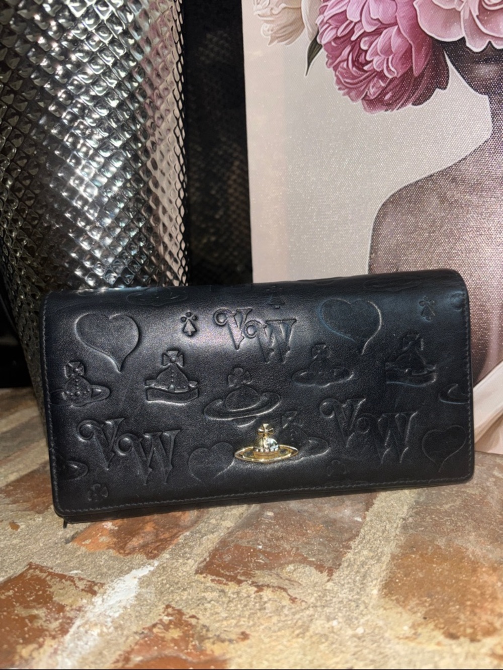 Vivienne Westwood Black Embossed Orb Leather Wallet with Gold-Tone Hardware